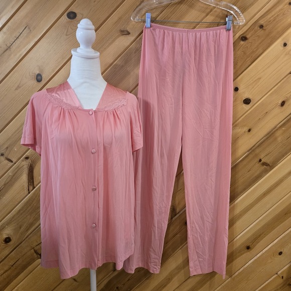 VTG 80s Vanity Fair PJ's Set Pink Nylon‎  Short Sleeve Long Pants Sz Small USA - Picture 1 of 8